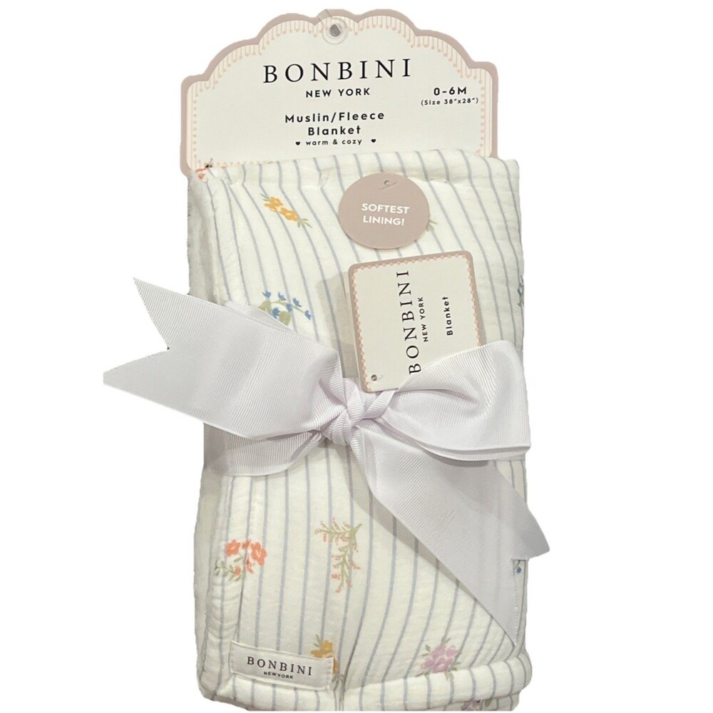 Bonbini Muslin Fleece Baby Blanket Flowers Stripes Soft Lining 0 - 6 Month New